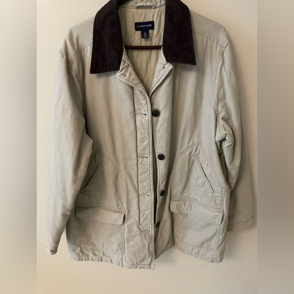 Lands End Chore Coat Mens XL Beige Tan Flannel Lined Canvas Barn Field Jacket